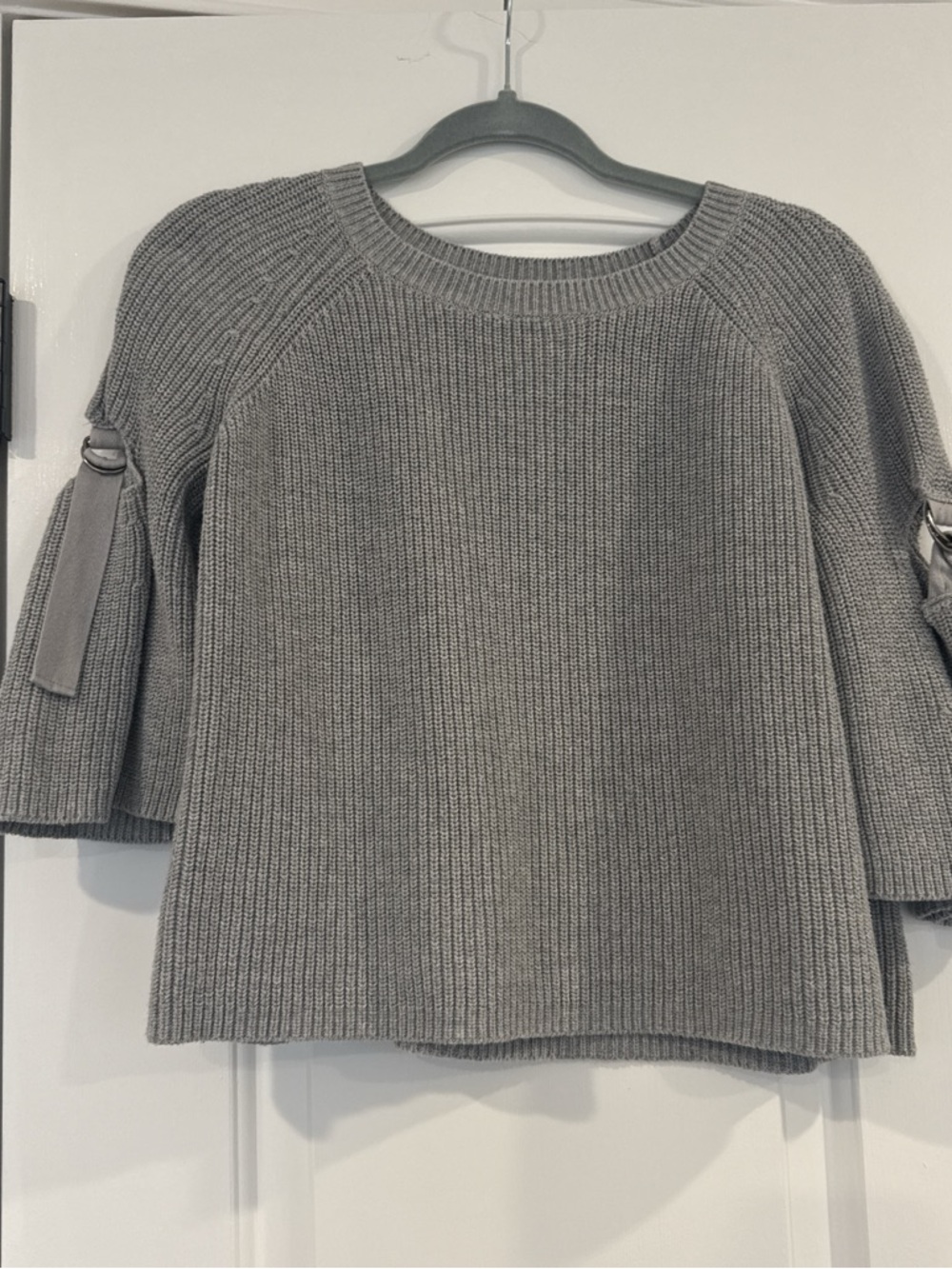 1. State Gray Ribbed Crewneck Sweater with Tie-Sleeves
